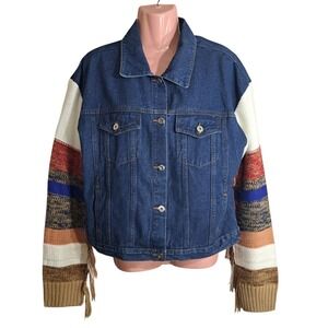 Rehab Women's Blue Denim Jean Coat Jacket Multicolor Knit Sweater Sleeves Size L